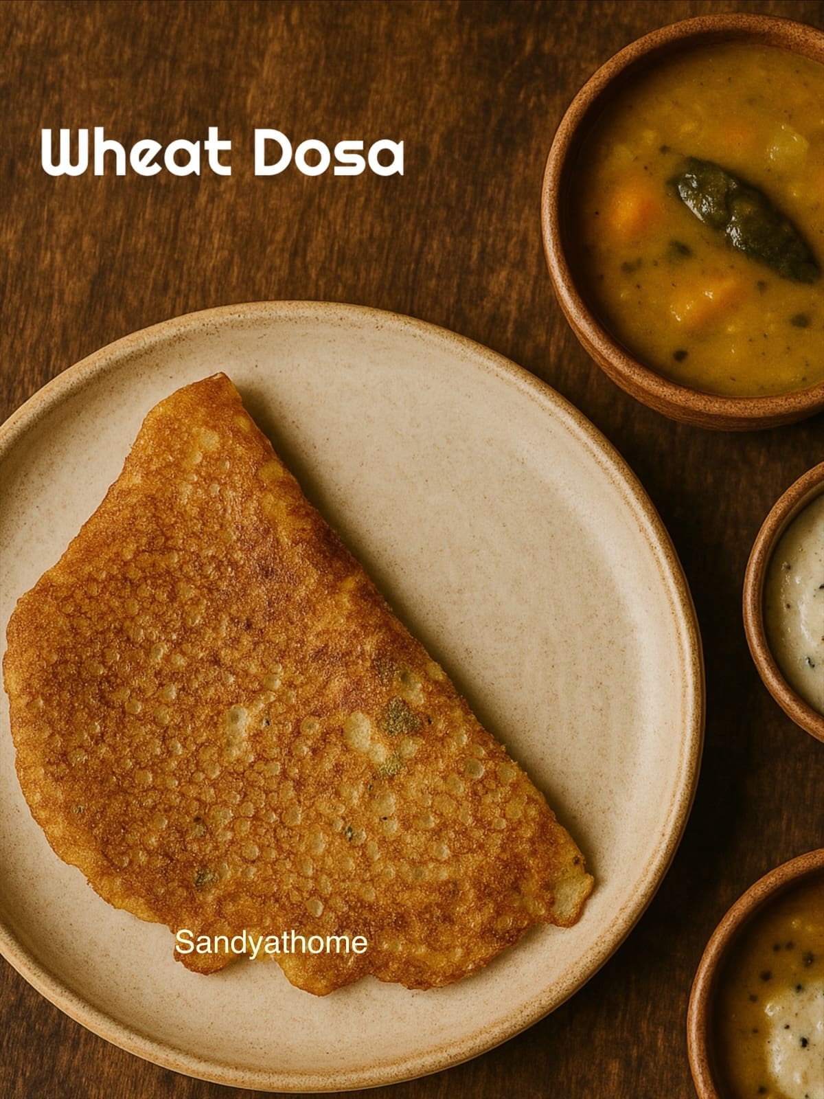 Golden brown instant wheat dosa served hot with coconut chutney, styled on a rustic brass plate.