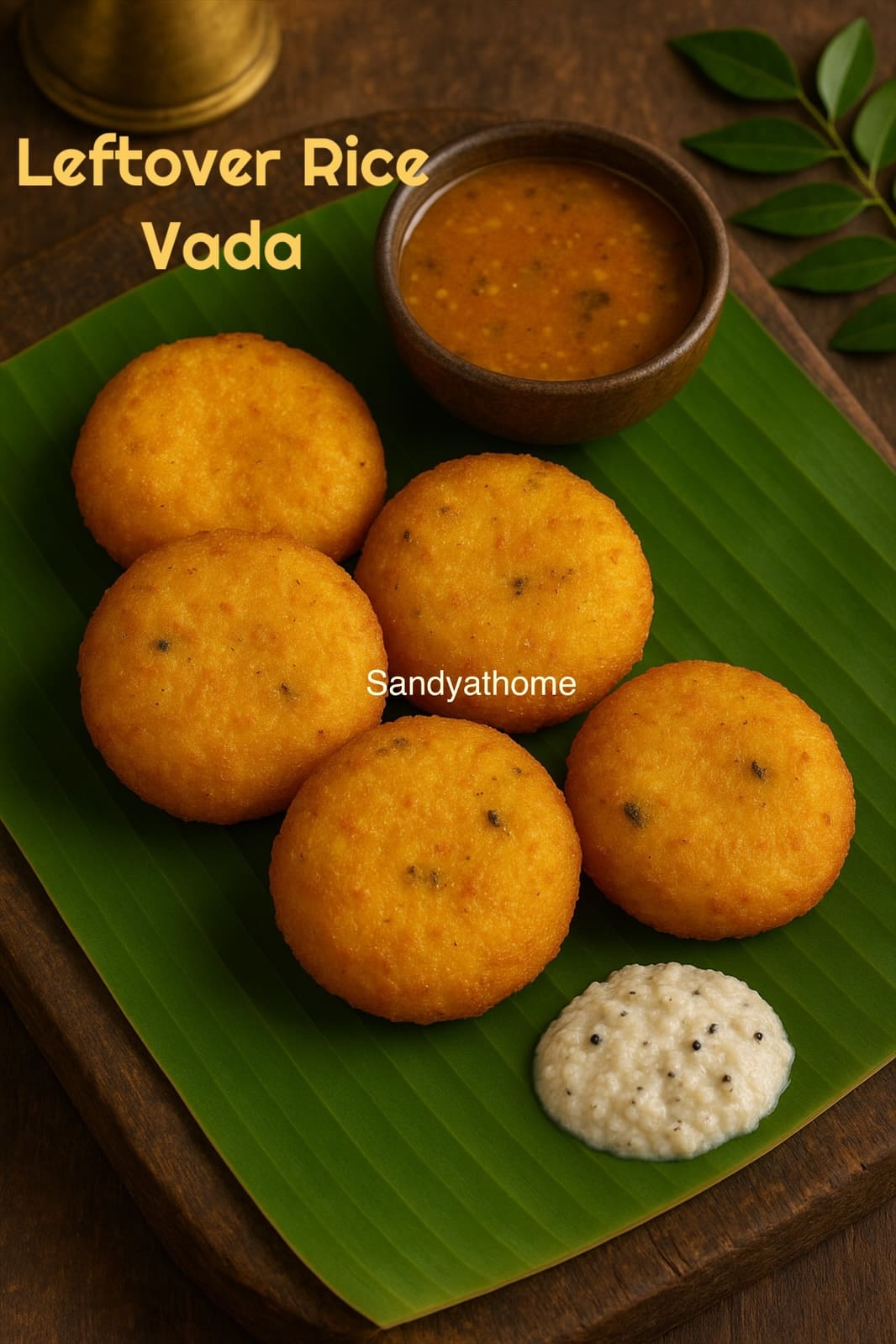 Crispy leftover rice vadas served on a banana leaf with chutney