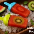 Homemade fruit popsicles with watermelon juice, kiwi slices, and strawberry chunks arranged in a rustic wooden tray with melting ice cubes.