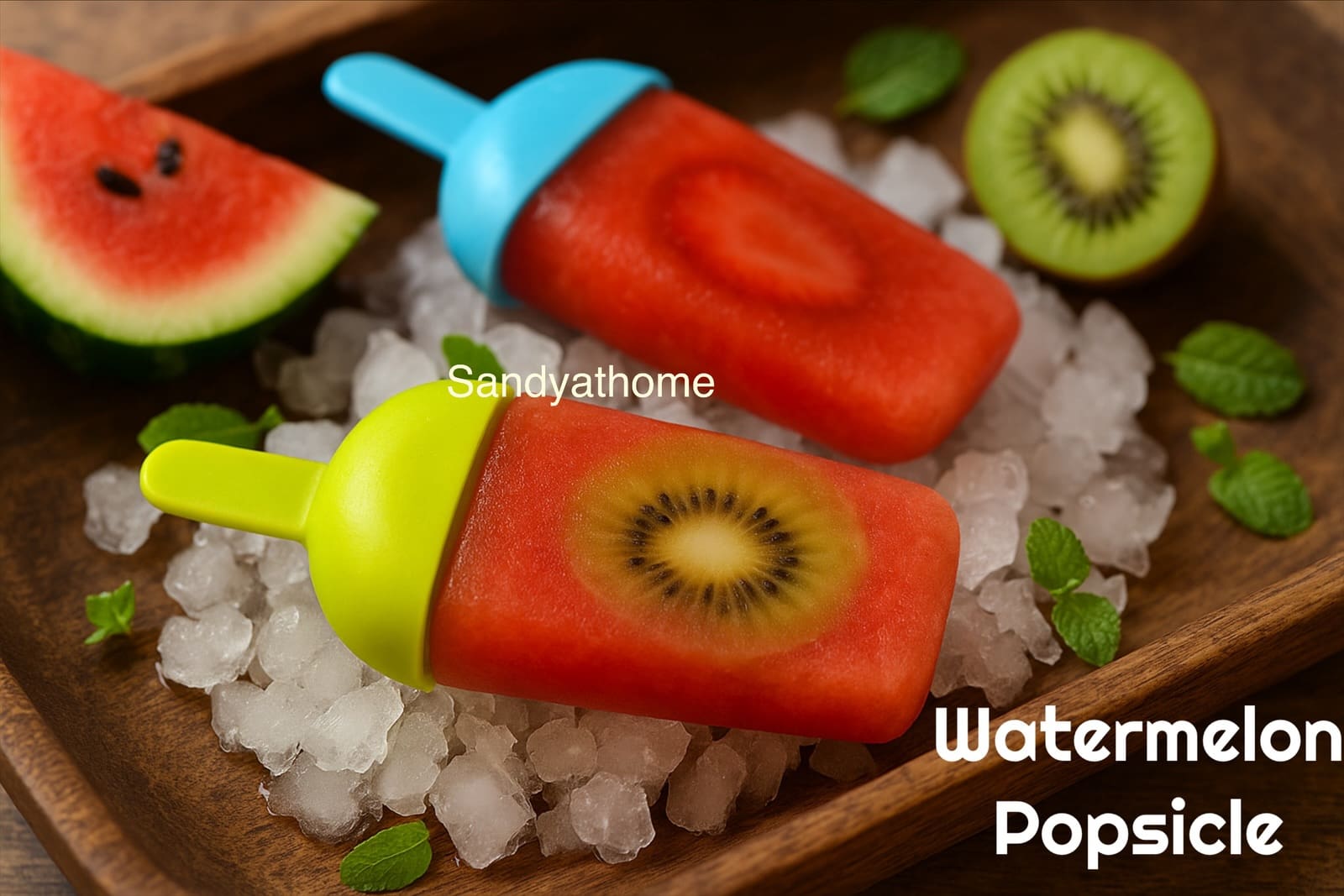 Homemade fruit popsicles with watermelon juice, kiwi slices, and strawberry chunks arranged in a rustic wooden tray with melting ice cubes.