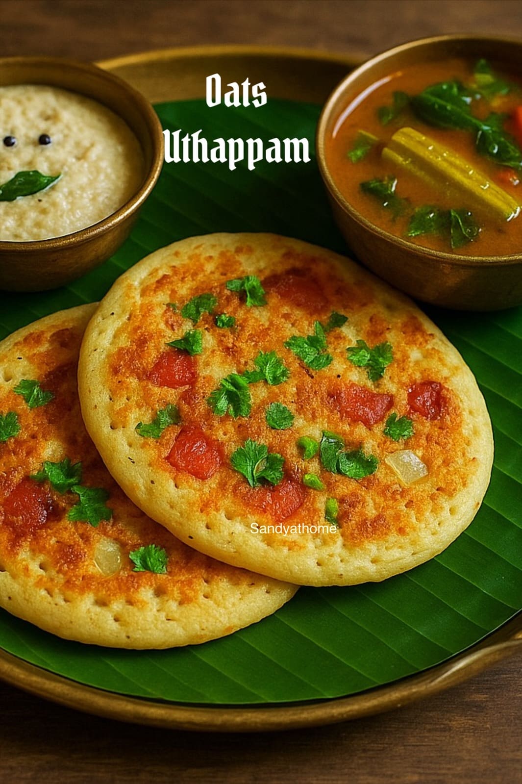 Instant oats uthappam topped with onion, tomato, carrot, green chili, and idli podi served on a rustic plate