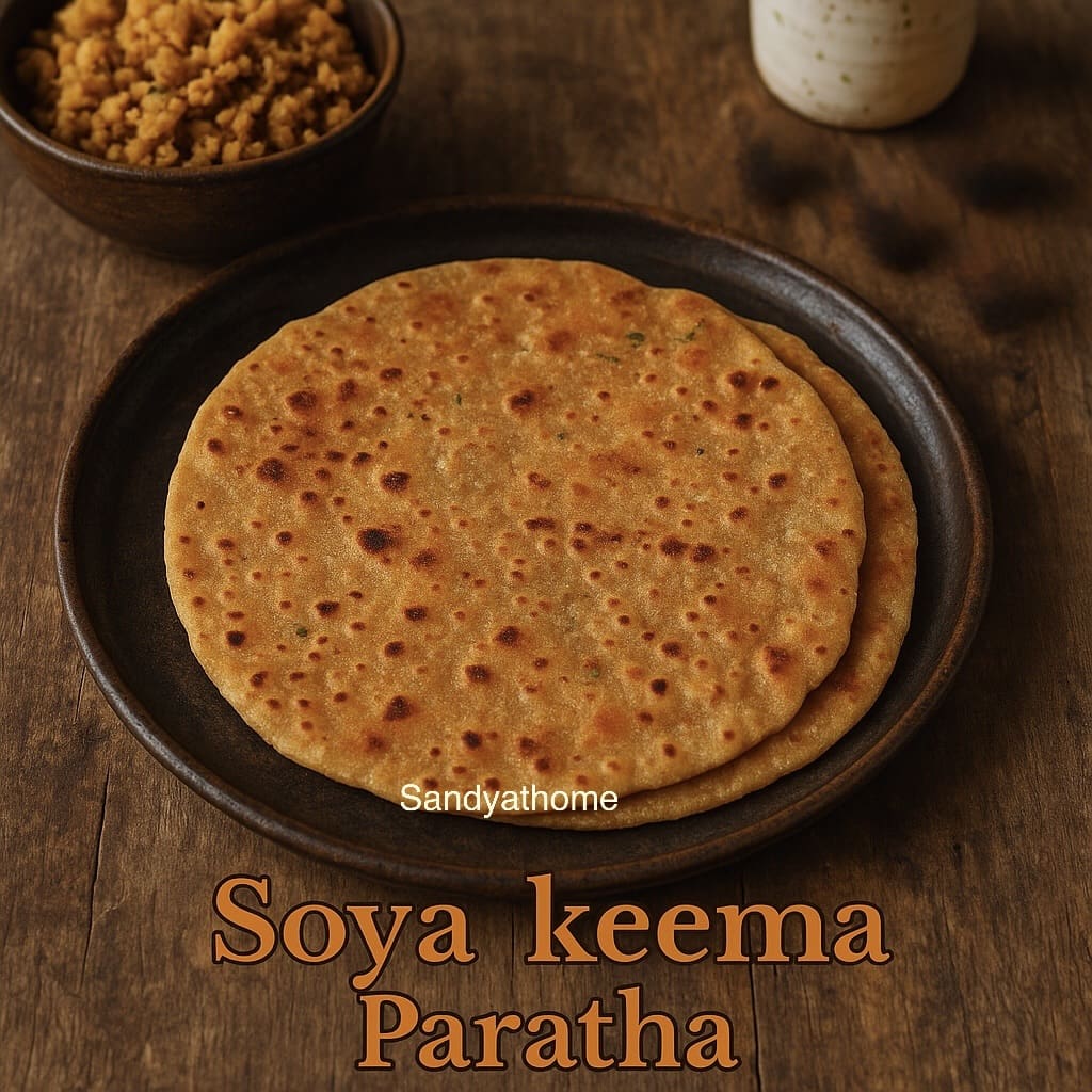 Soya keema paratha served hot with onion raita and pickle on a rustic ceramic plate
