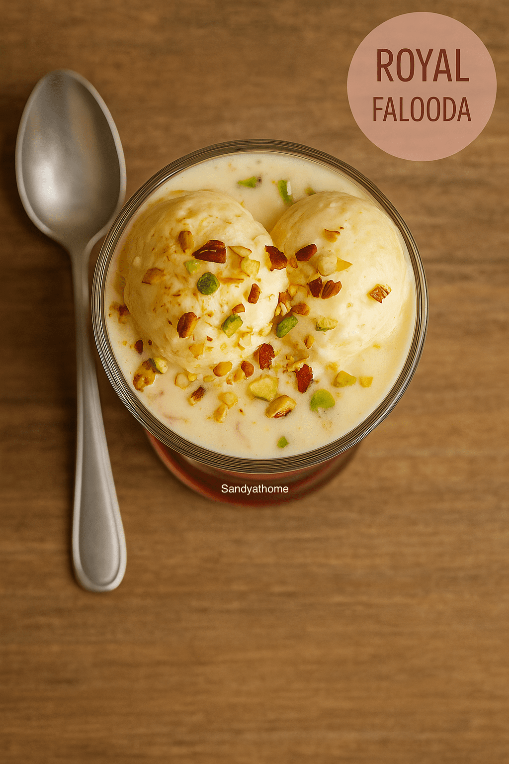 A tall glass of Royal Falooda dessert layered with rose syrup, basil seeds, sev, sweetened milk, topped with vanilla ice cream, nuts, and tutti frutti.