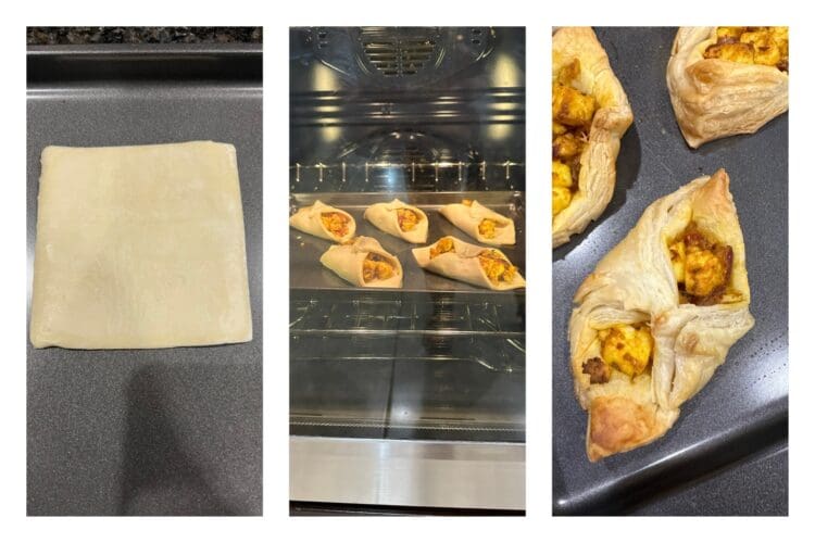 IMG_6116 Paneer filling placed on puff pastry sheet, Pastry sheet folded into a puff shape, Unbaked puffs arranged on baking tray,