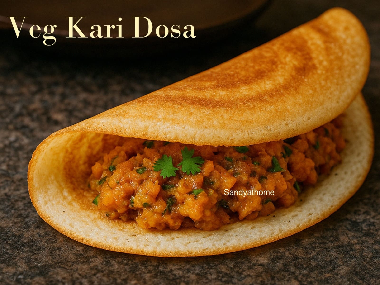 Crispy dosa stuffed with spicy soya kari, served on brass plate with chutney and sambar