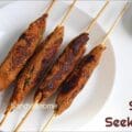 Golden brown veg kebabs made with soya chunks and mashed potato, skewered and ready to serve