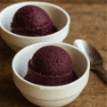 Scoop of jamun sorbet served in a rustic ceramic bowl on a neutral background