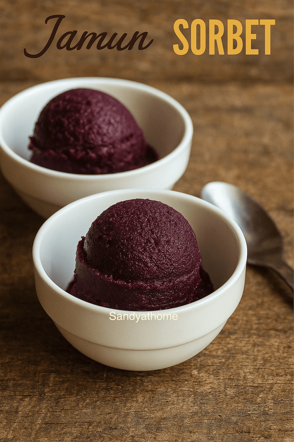 Scoop of jamun sorbet served in a rustic ceramic bowl on a neutral background