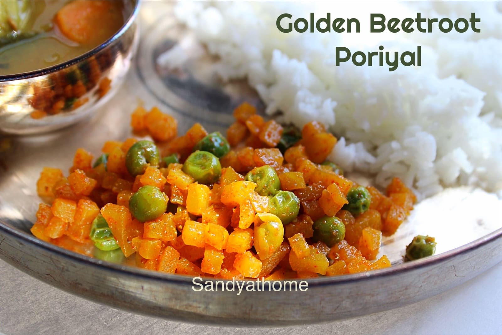 Indian-style golden beets stir fry recipe with green peas, simple spices, and no tempering — poriyal style.