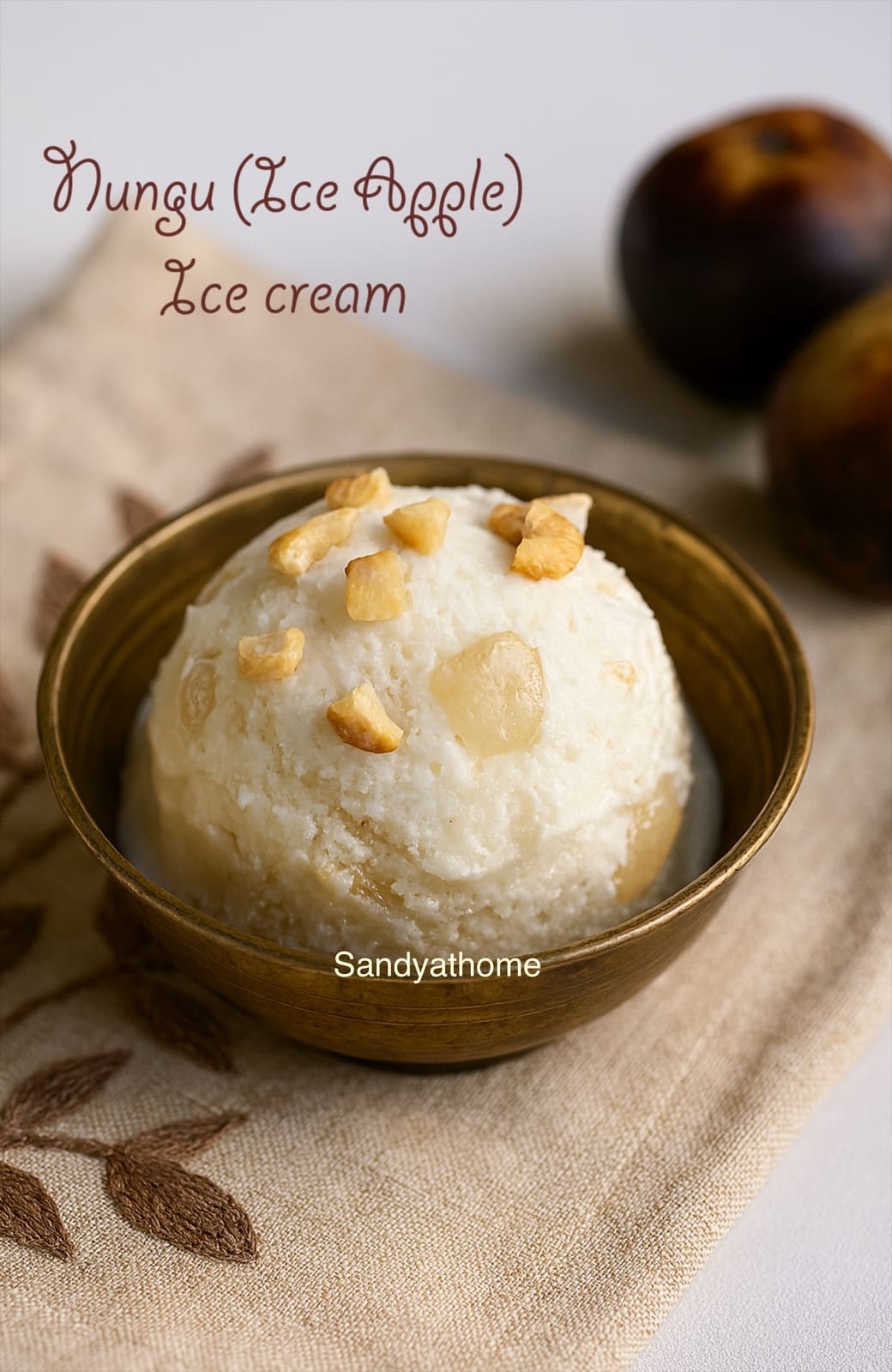 Homemade no-churn Indian ice cream made with fresh ice apple (nungu), milk powder, and cream — a light and refreshing summer dessert without condensed milk.