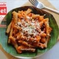 Handmade millet pasta called Millet Foldies made from little millet and wheat flour, shaped using a skewer and served with Indian-style tomato sauce — a revival recipe from Sandyathome featuring gluten-free, healthy, millet pasta from scratch.