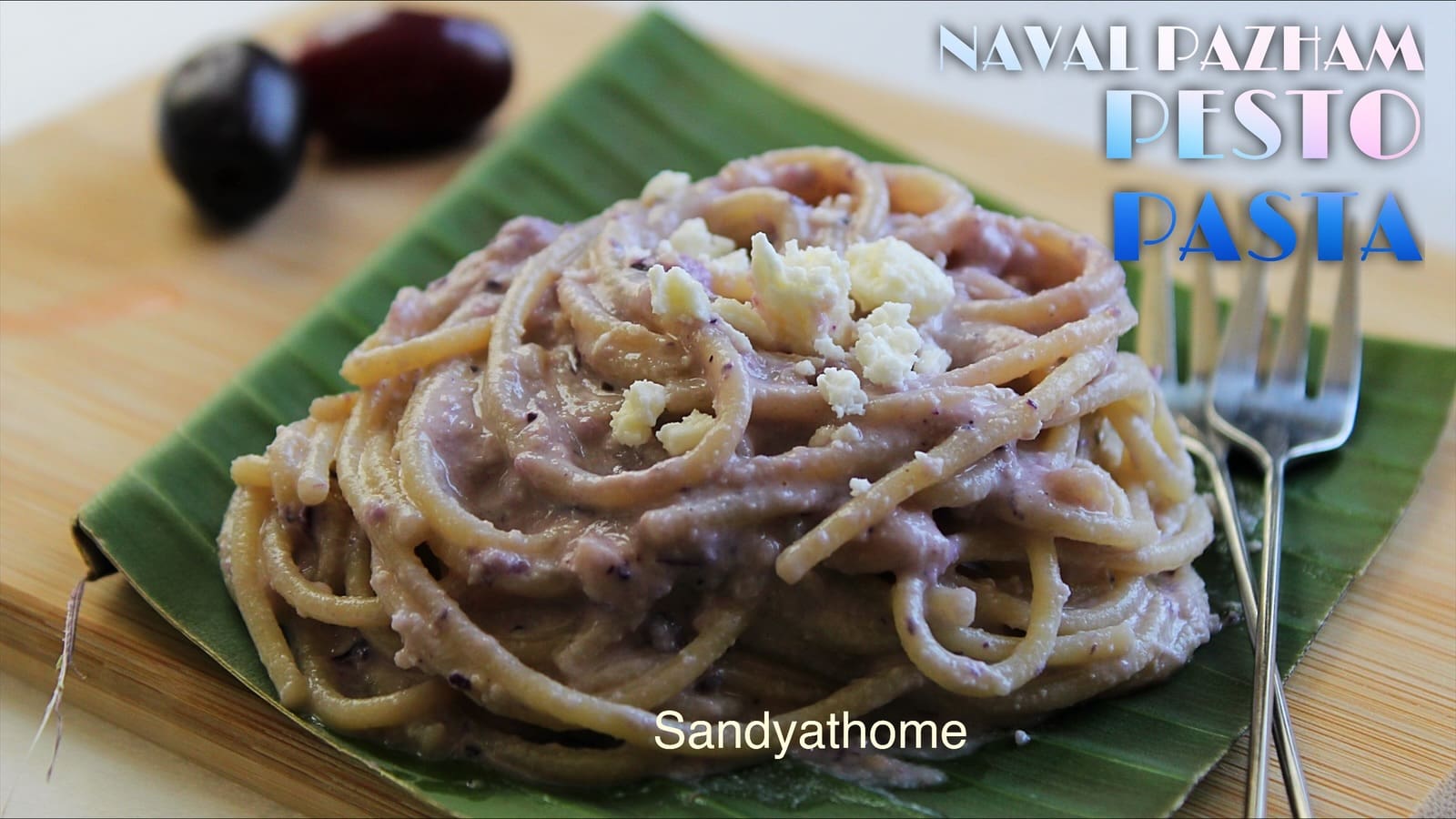 Indian fusion jamun pasta made with naval pazham pesto, a no-cook, no-herb pesto using roasted peanuts, inspired by traditional naval pazham chutney — a vibrant summer recipe perfect for healthy jamun recipes in Indian-style cooking