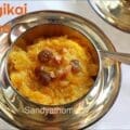 Traditional Tamil revival-style Parangikai Halwa made with coconut milk, served warm in a brass bowl — a no milk, no ghee Indian sweet inspired by vratham recipes, from Sandyathome.