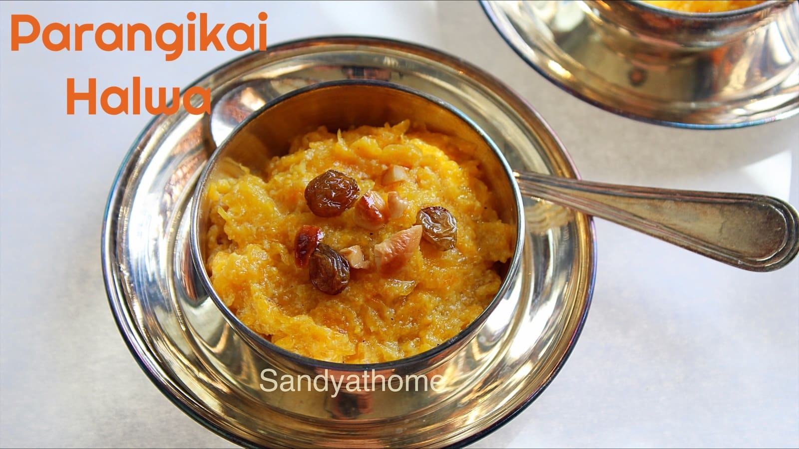 Traditional Tamil revival-style Parangikai Halwa made with coconut milk, served warm in a brass bowl — a no milk, no ghee Indian sweet inspired by vratham recipes, from Sandyathome.