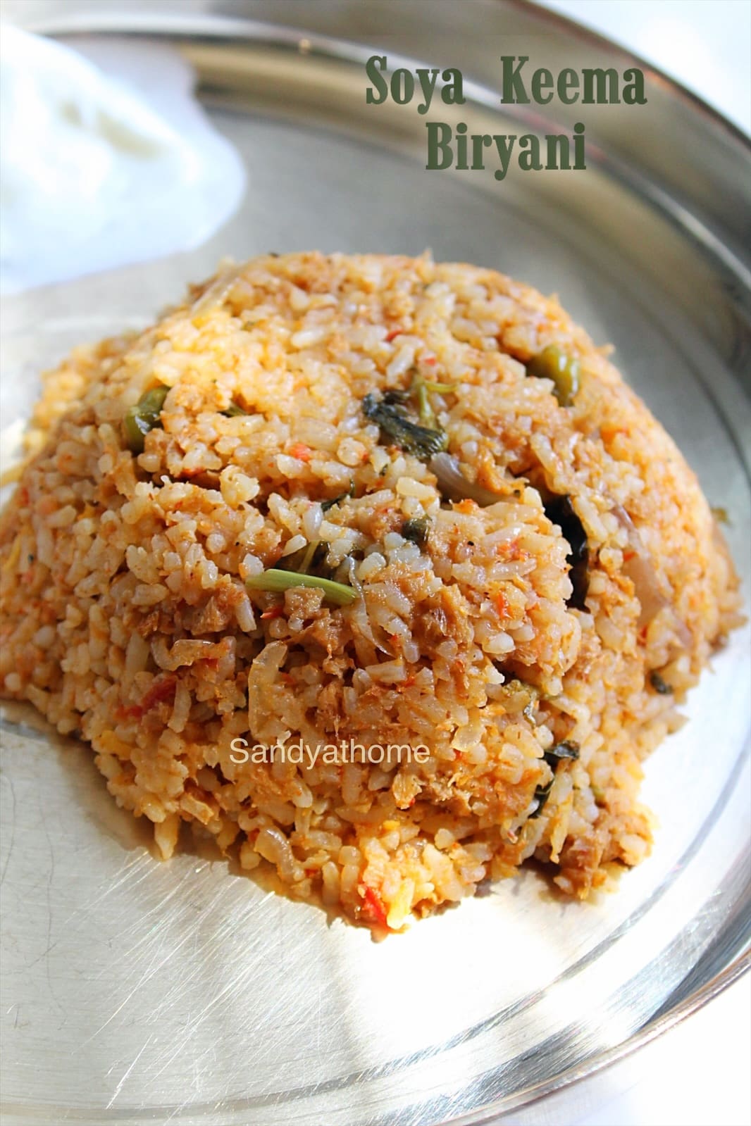 Close-up of soya keema biryani made with seeraga samba rice, a traditional Tamil Muslim vegetarian keema biryani recipe.