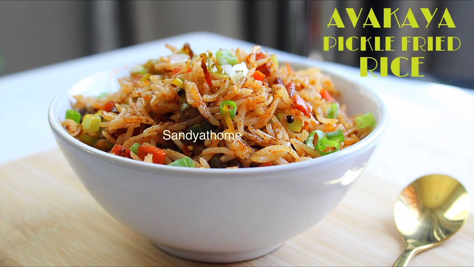 Close-up of Andhra-style Avakaya Pickle Fried Rice made with spicy mango pickle and basmati rice