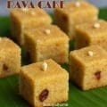 Eggless Panchamirtham Rava Cake served on banana leaf, soft semolina cake with banana, honey, jaggery, and nuts, temple prasadam style