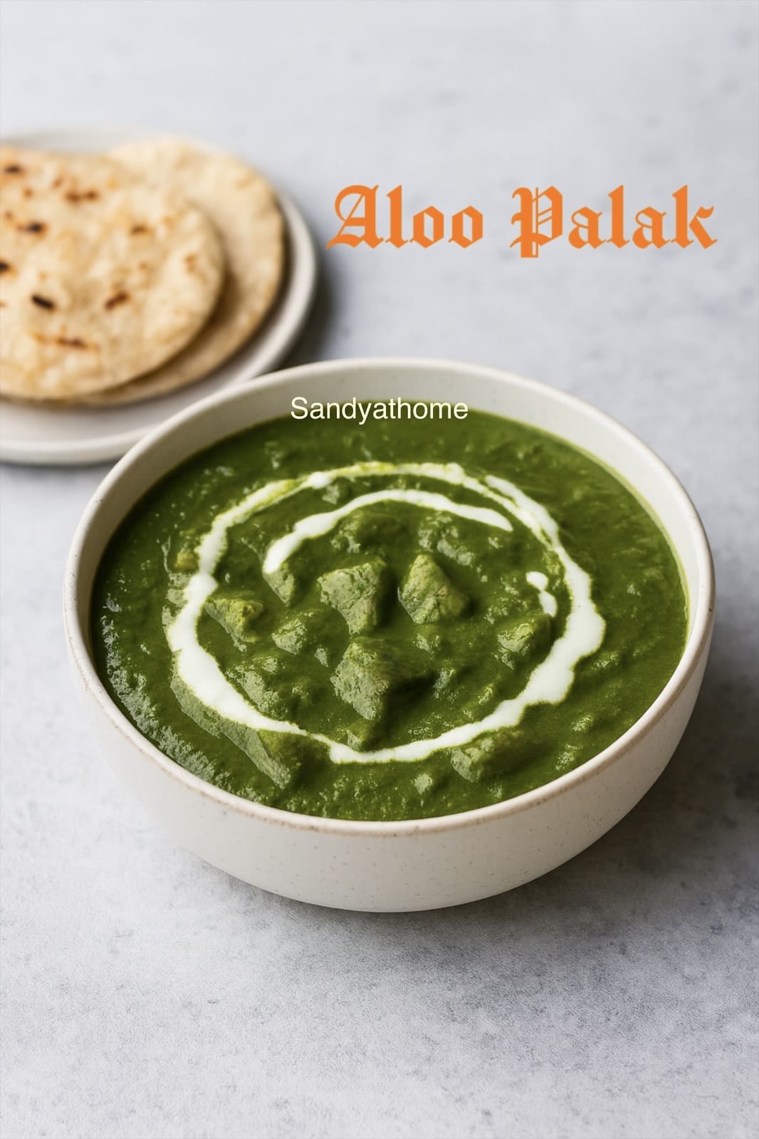 Close-up of aloo palak curry with tender potatoes in spinach gravy, garnished with fresh cream and chilies