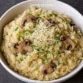 Top view of mushroom orzotto, rich and velvety with sautéed mushrooms and fresh herbs