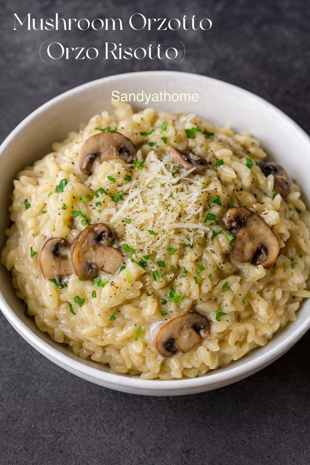 Top view of mushroom orzotto, rich and velvety with sautéed mushrooms and fresh herbs