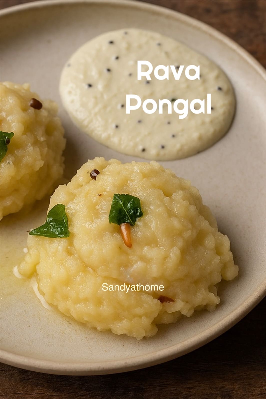 Close-up of creamy sooji pongal with cashews, pepper, and ghee tempering