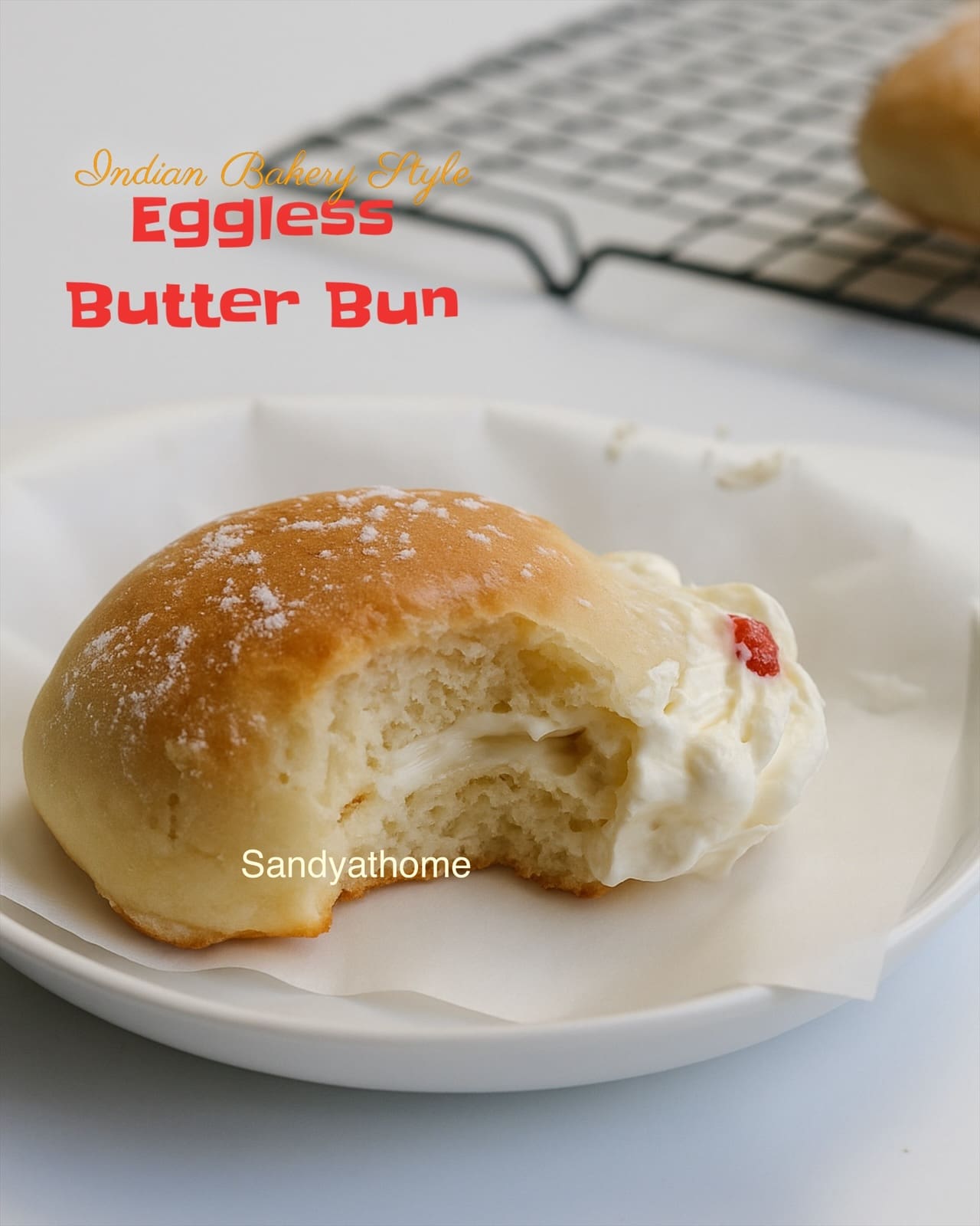 Homemade Iyengar bakery-style eggless cream buns, golden brown buns with buttercream filling.
