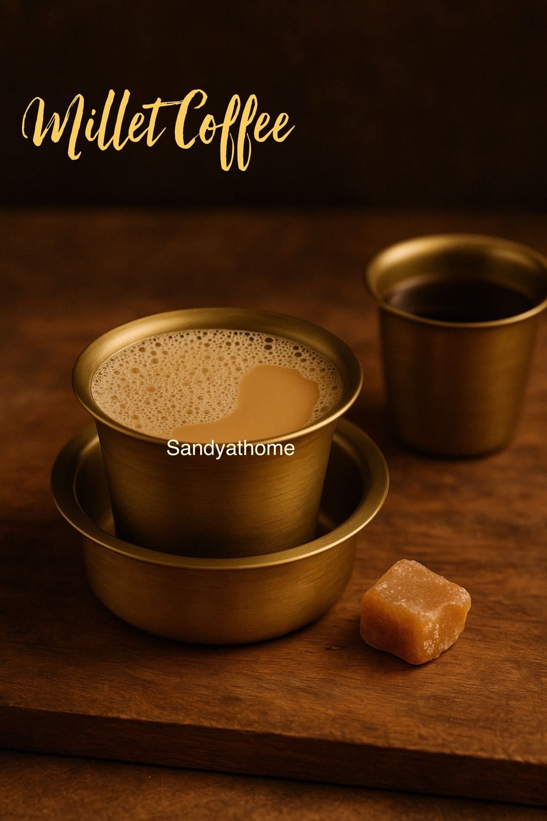 South Indian-style millet latte in a brass davara set, with gentle froth and warm tones, showcasing dairy-free coffee made with Kodo millet milk.