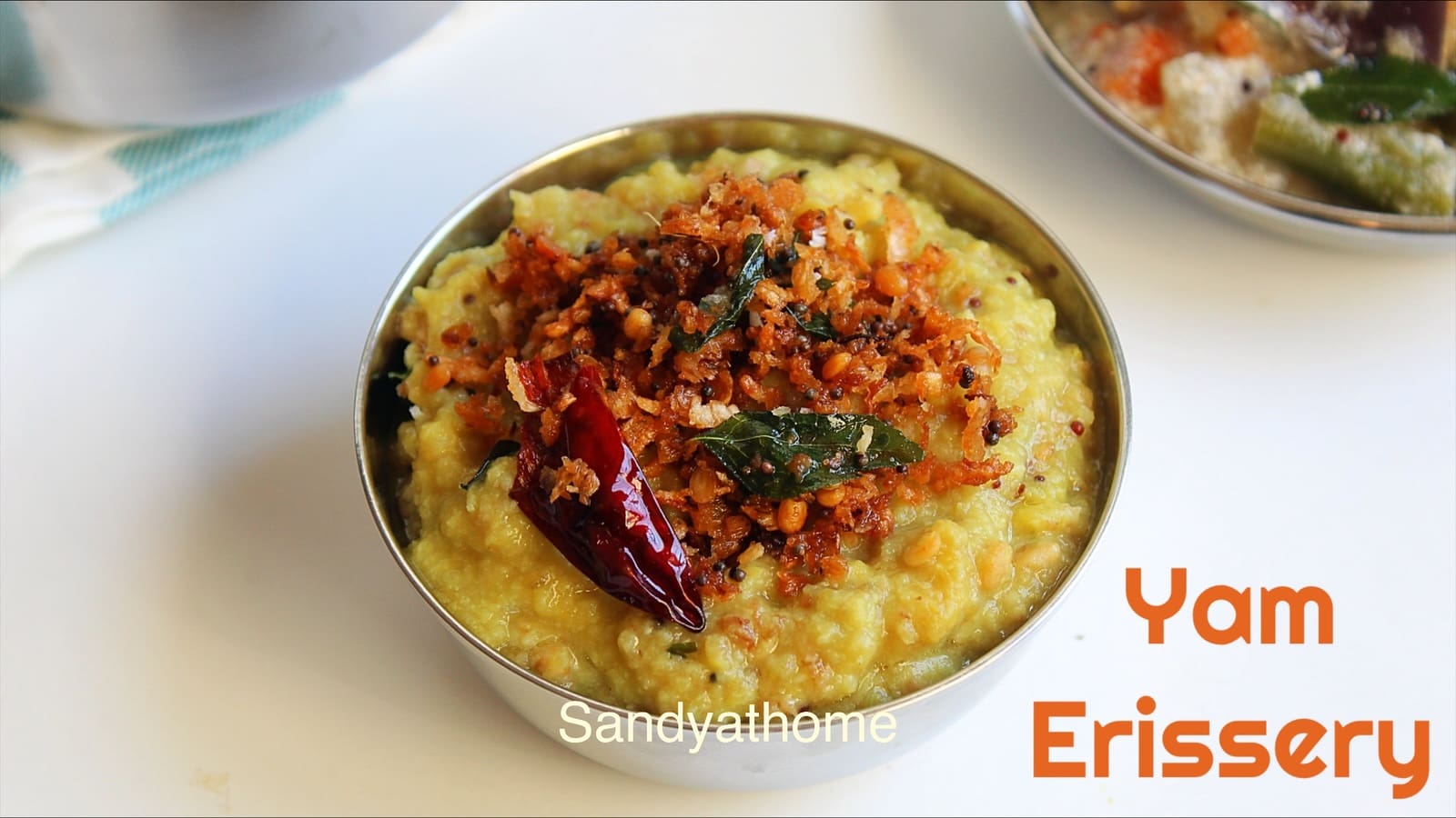 Kerala-style yam curry (erissery) topped with roasted coconut tempering.