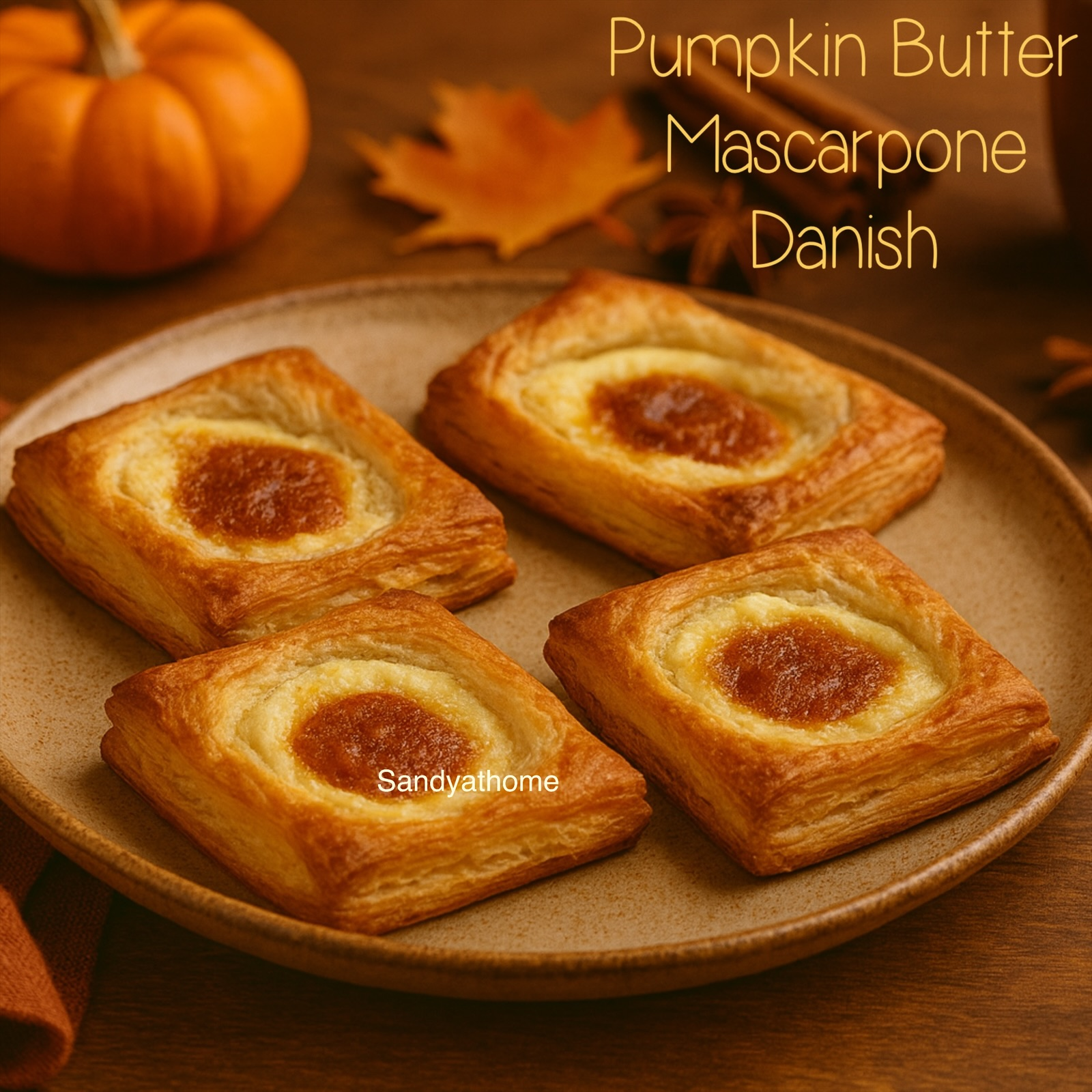Close-up of flaky puff pastry Danish with pumpkin and mascarpone filling, dusted with powdered sugar, perfect autumn dessert.
