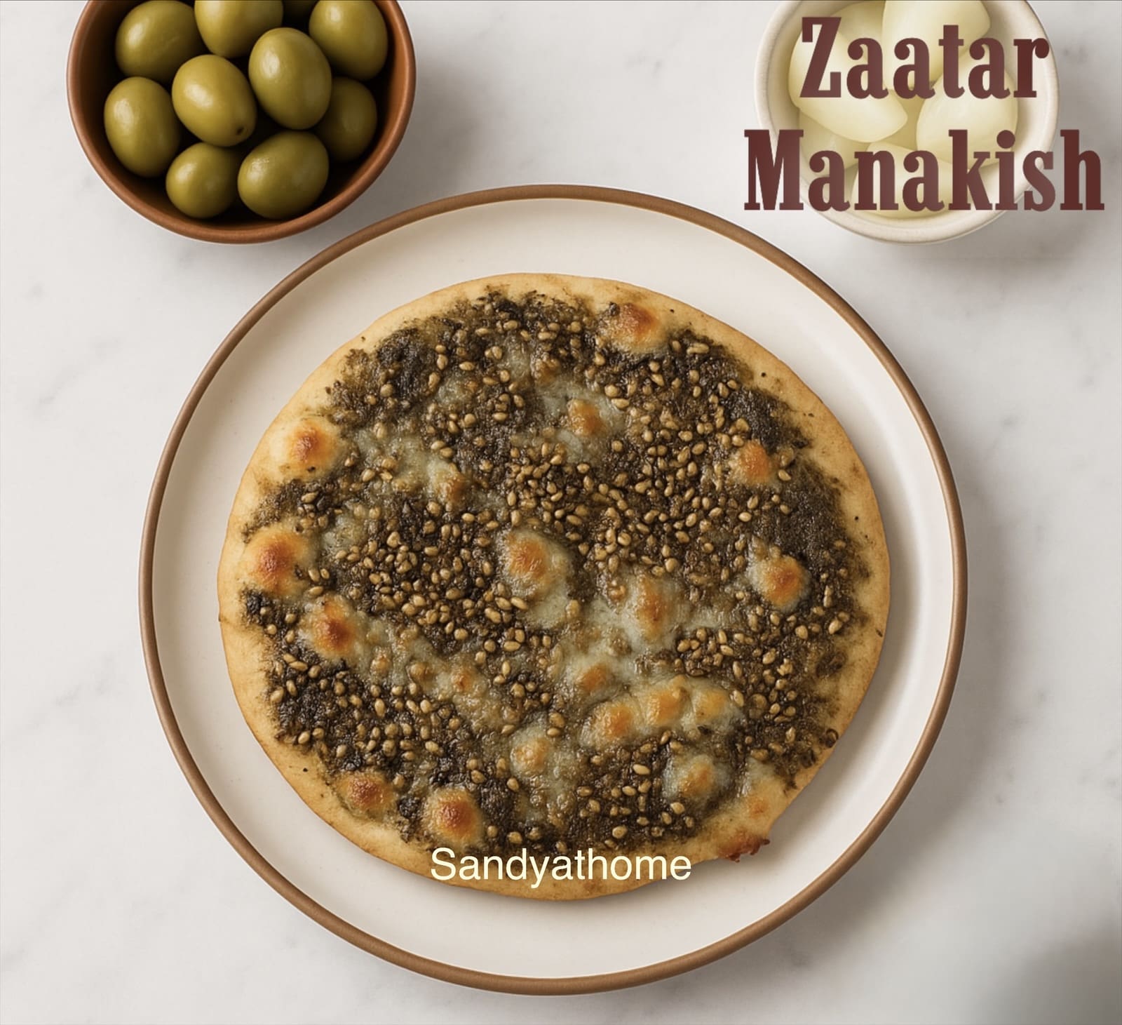 Homemade zaatar manakish with a twist of cheese on top, golden brown and aromatic, served as a classic Lebanese street food flatbread.