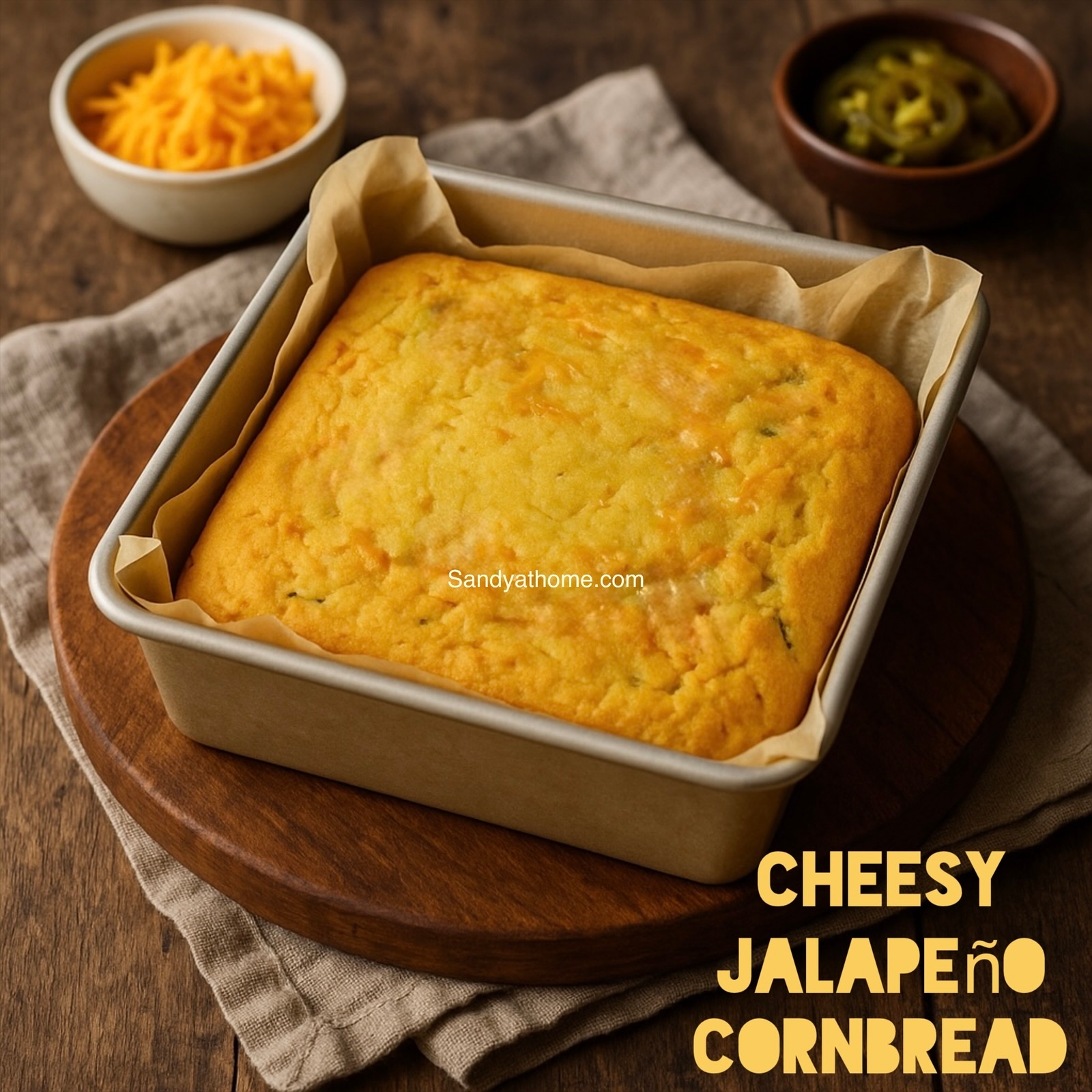 Golden sweet–savory cheddar jalapeño cornbread sliced on a wooden board with rustic Thanksgiving styling.