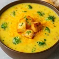 Creamy broccoli cheddar soup served in a ceramic bowl topped with cheese and croutons