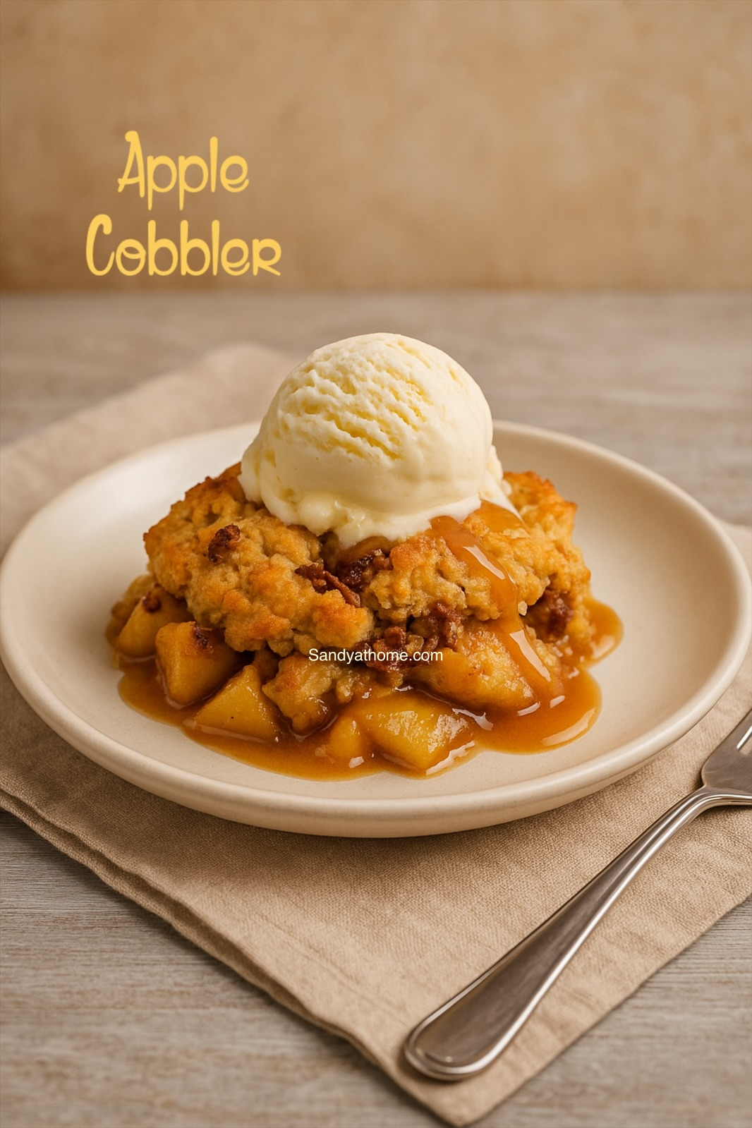 A warm Thanksgiving apple cobbler served with vanilla ice cream, highlighting the golden crust and spiced apples.