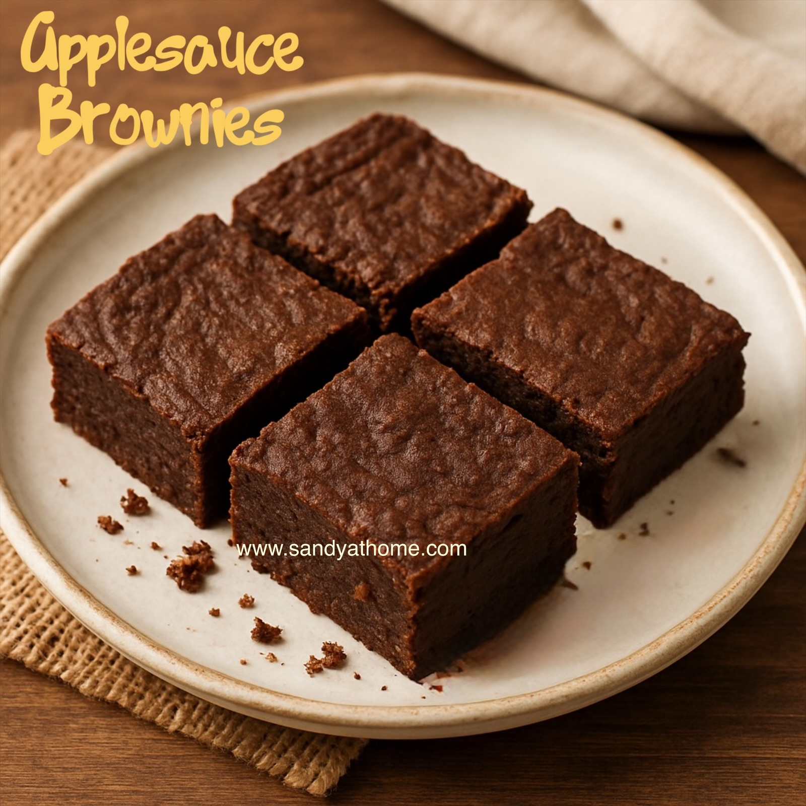 Soft and fudgy applesauce brownies sliced on a plate, showing their moist eggless texture and natural sweetness.