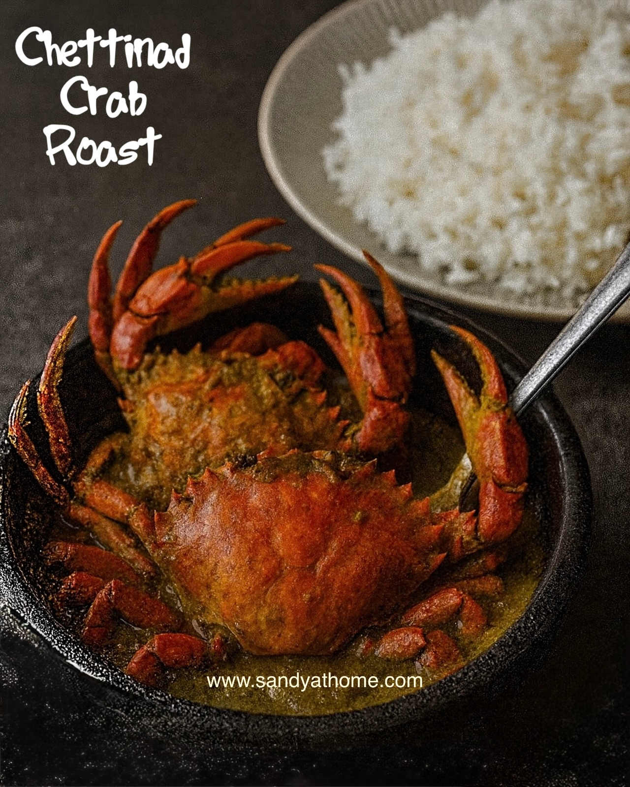 Chettinad crab roast with freshly ground masala served hot in a bowl, South Indian nandu masala recipe.