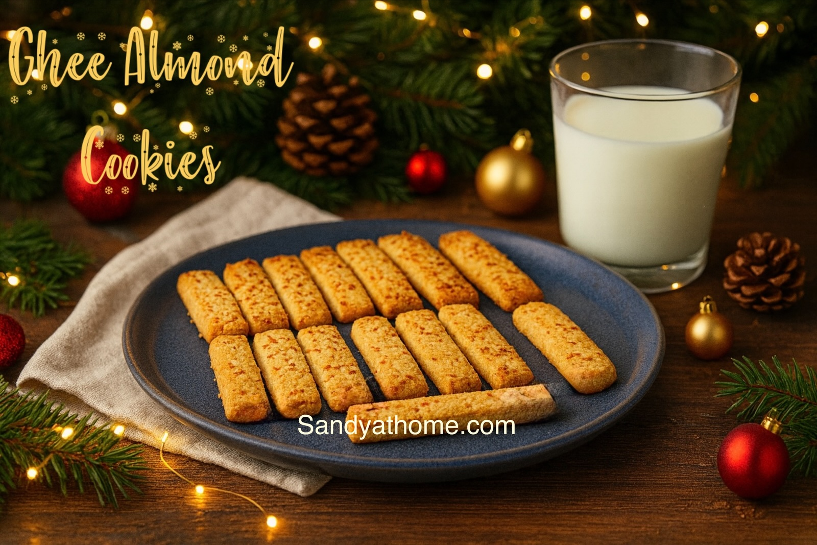 Crispy ghee almond fingers coated with chopped almonds served with milk on a Christmas background